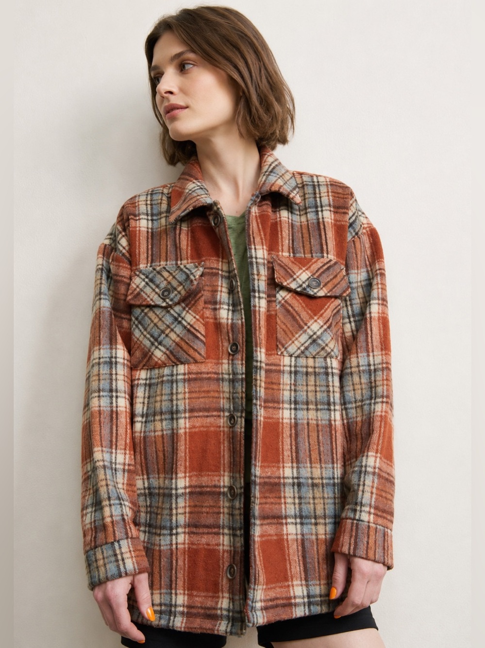 Altar’d State Brown Plaid Fuzzy Button Down Shacket Shirt Size Small